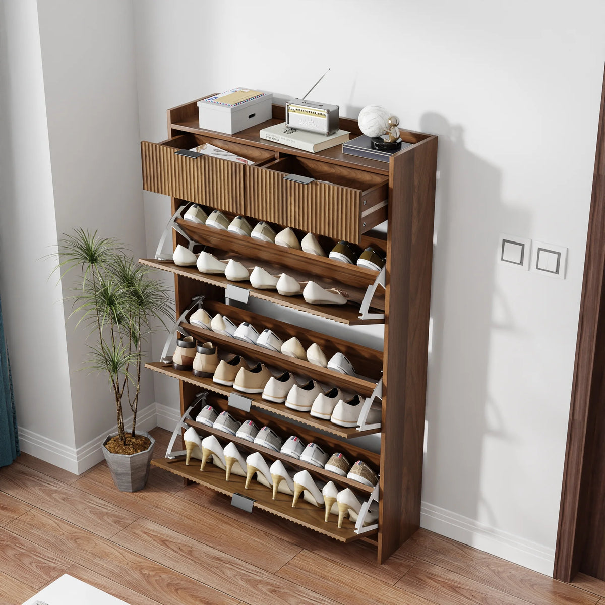 Shoe Cabinet, Free Standing Tipping Bucket Shoe Rack Organizer with 3 Flip Drawers, Modern Entryway Narrow Shoe Rack with 2 Drawers & Top Storage, for Hallway Bedroom, Walnut