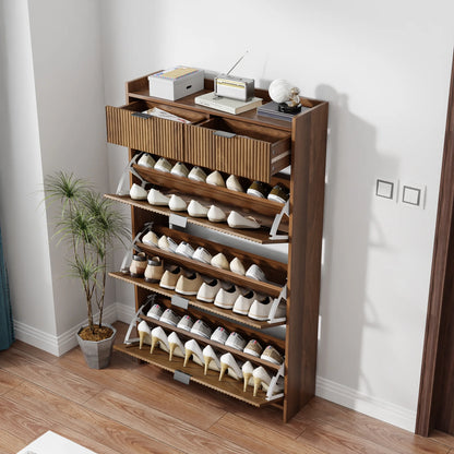 Shoe Cabinet, Free Standing Tipping Bucket Shoe Rack Organizer with 3 Flip Drawers, Modern Entryway Narrow Shoe Rack with 2 Drawers & Top Storage, for Hallway Bedroom, Walnut