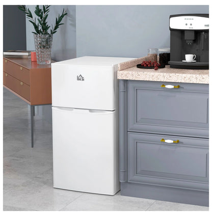 3.2 Cu.Ft Mini Fridge with Freezer - Double Door Refrigerator Adjustable Thermostat, Reversible Door - White - Dorm, Apartment, Bedroom