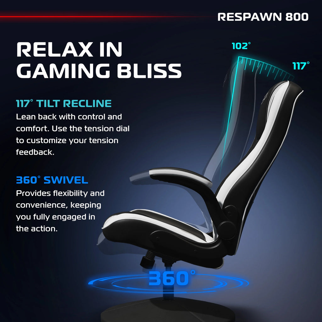RESPAWN 800 Swivel Rocker Gaming Chair - Ergonomic Floor Gaming Seat with Lumbar Support, Flip Up Armrest, High Back, Pedestal Base, Comfortable No Wheels Console Video Game Rocker Chair - Red