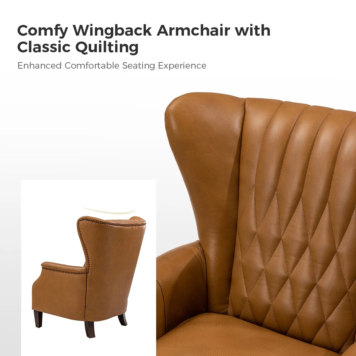 Traditional Genuine Leather Accent Chair with Nailhead Trim Tufted Armchair for Living Room Camel