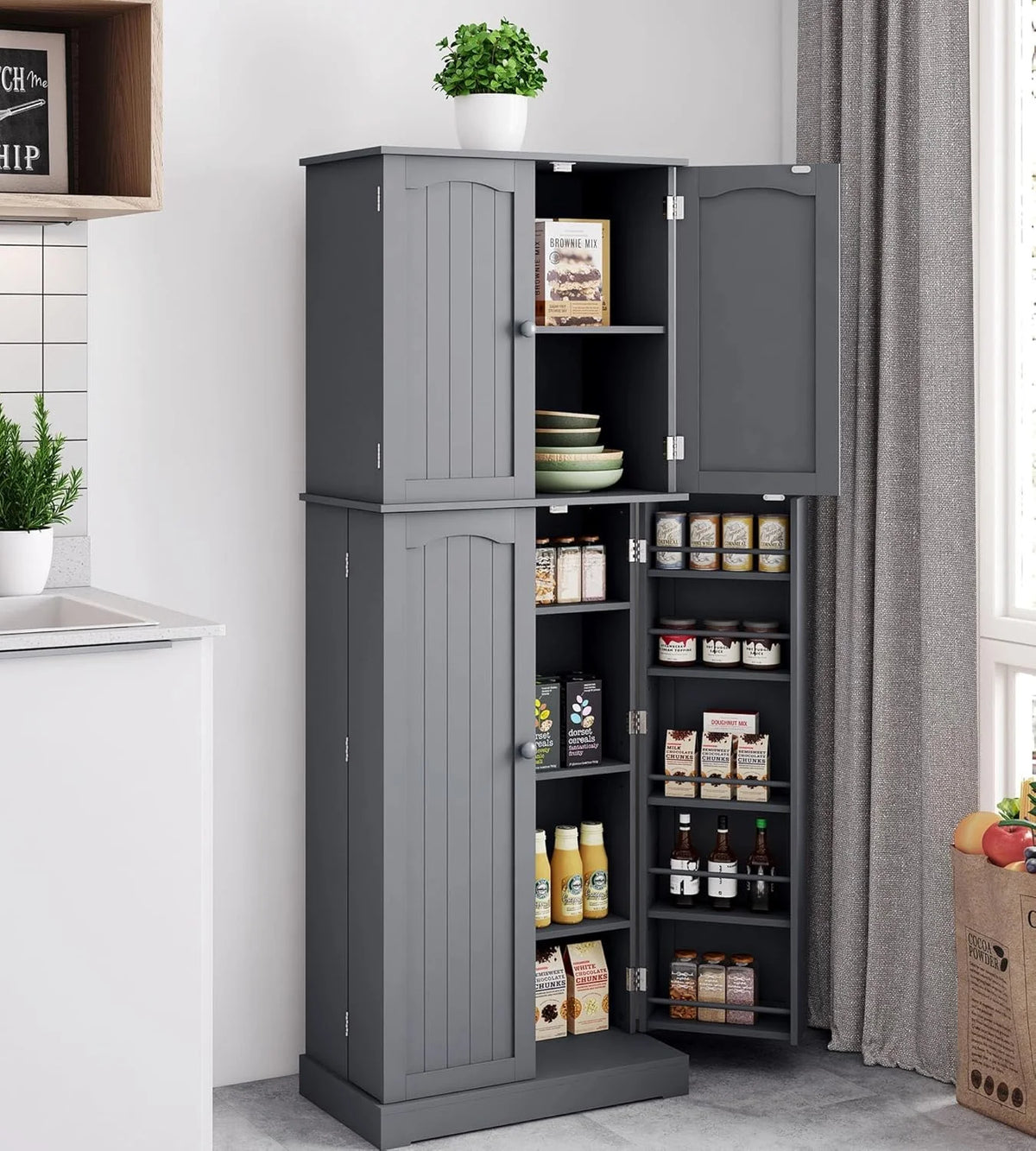 Yusong 64'' Kitchen Storage Cabinet, Tall Kitchen Pantry Storage Cabinet with Doors and Shelves, Food Pantry Cabinet Free Standing Pantry for Kitchen Dining Living Room, Grey