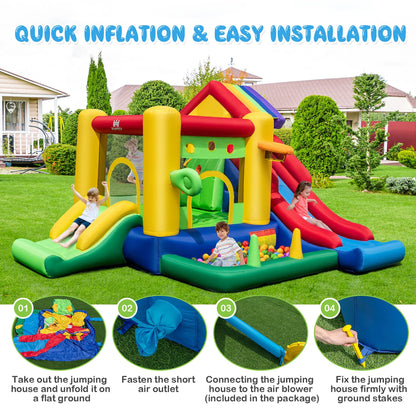 Costway Colorful Rainbow Kids Inflatable Bounce Castle with 50 Ocean Balls & 735W Blower