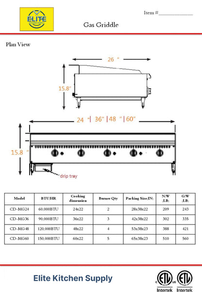 NSF 36 in. Commercial Griddle 90,000BTU Gas Griddle, 3 Burner Heavy-Duty Stainless Steel Countertop Griddle