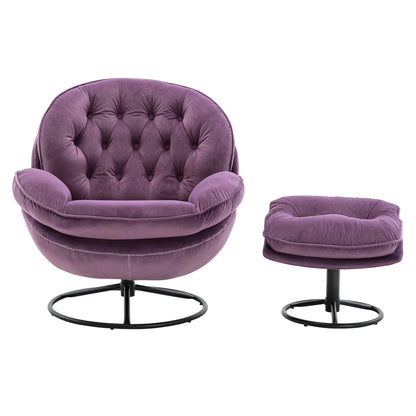 Velvet Swivel Accent Chair with Ottoman Set, Modern Tufted Armchair with Footrest for Living Room Reading TV Chairs for Adults, Comfy Chaise Lounge Chairs with 360 Degree Swiveling for Bedroom, Pink