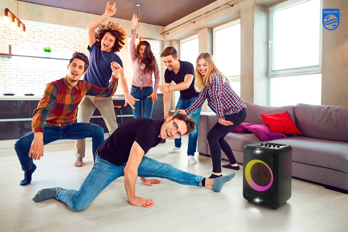 Philips X3206 Portable Bluetooth Party Speaker with Party Lights and Built-in Carry Handle, Medium Size, Black, TAX3206