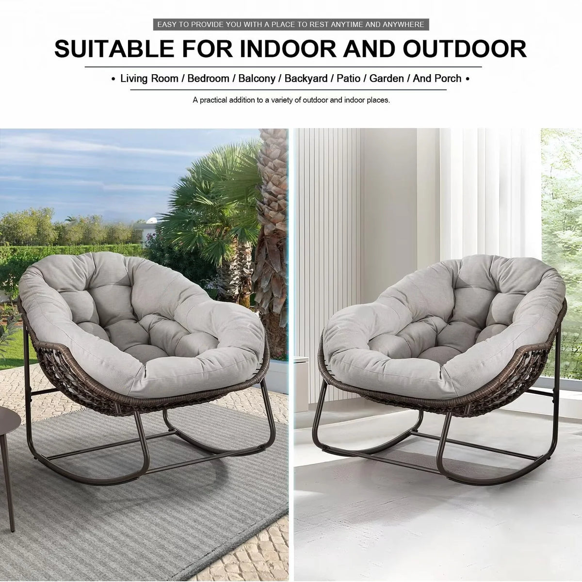 Outdoor Papasan Rocking Chair, Patio Oversized Wicker Egg Rocking Chair, Indoor & Outdoor Comfy Rocker Chair with Thick Cushion, Modern Lounge Chair for Front Porch, Garden, Backyard, Grey