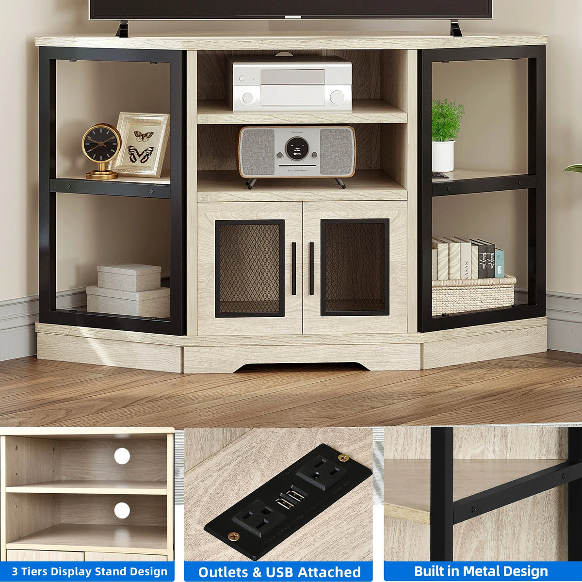 Dextrus Farmhouse Corner TV Stand for TVs up to 55 inch with Power Outlet, Wood Entertainment Center, TV Media Console with Storage, White Oak