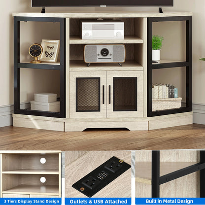 Dextrus Farmhouse Corner TV Stand for TVs up to 55 inch with Power Outlet, Wood Entertainment Center, TV Media Console with Storage, White Oak