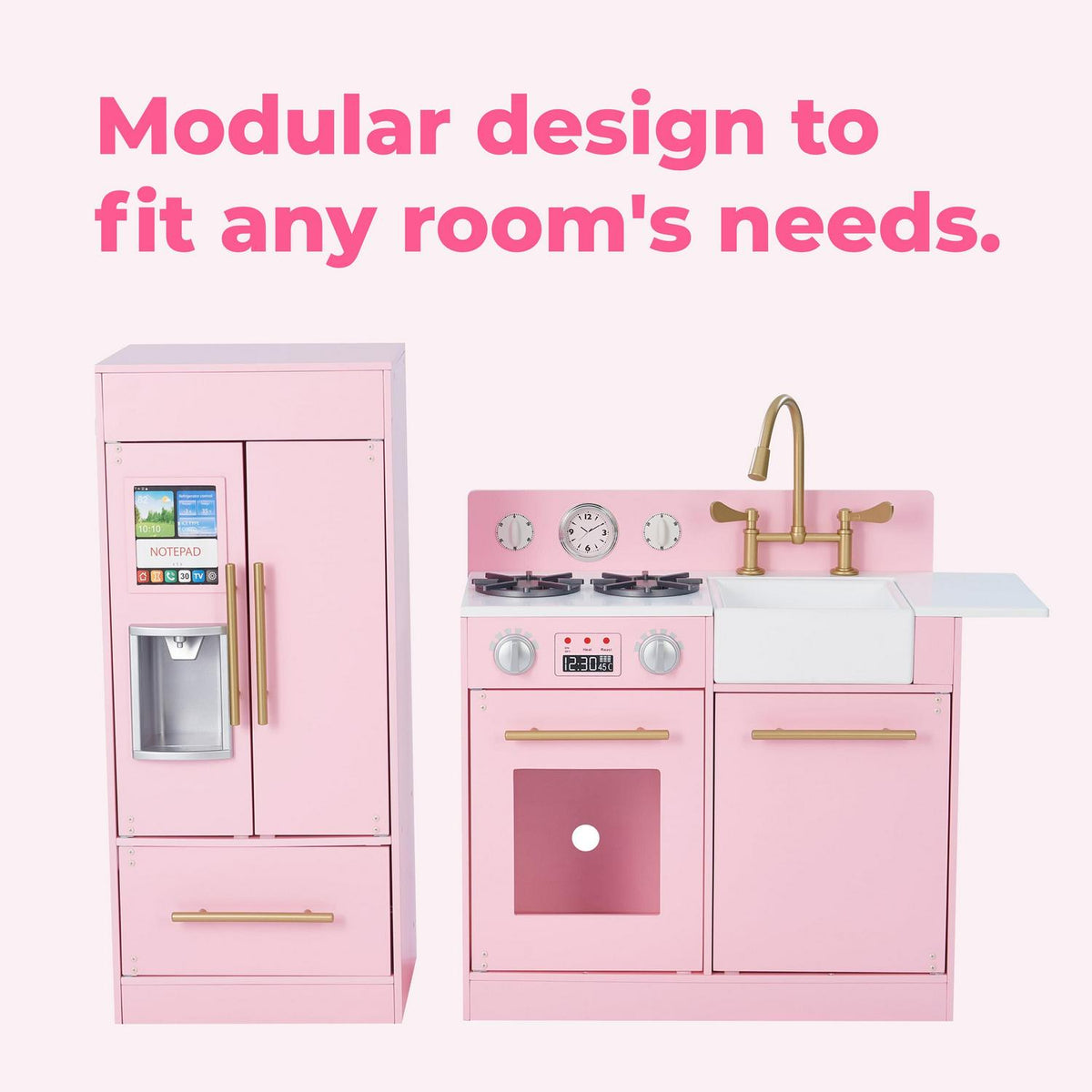 Teamson Kids Little Chef Charlotte Wooden Play Kitchen Set for Toddlers. Pretend Cooking Playset with Stove. Sink &amp; Fridge. Pink/Gold
