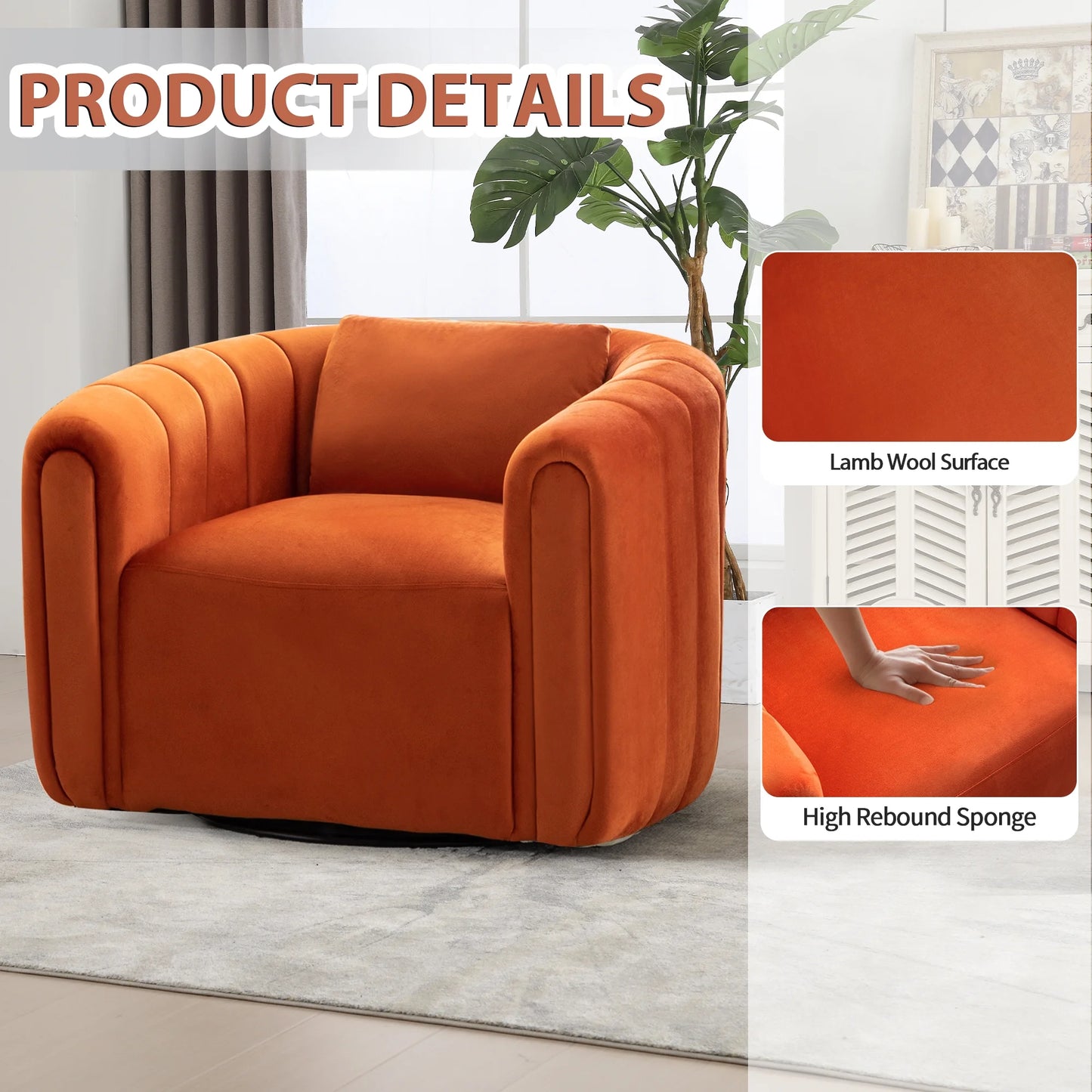 Bonzy Home Swivel Chair with Plump Pillow, Modern Velvet Accent Chair for Living Room Bedroom , Comfy Round Armchair, Orange
