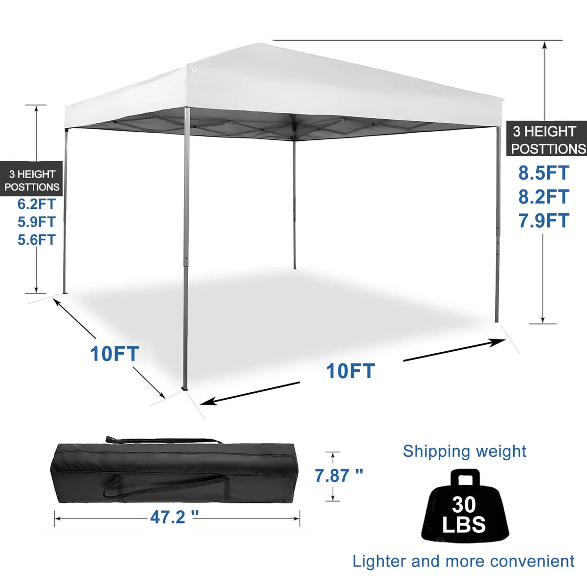 GVDV Canopy Tent, 10x10 ft Easy Pop up Outdoor Canopy Tent, Portable Straight Leg Gazebo Instant Canopy, Blue