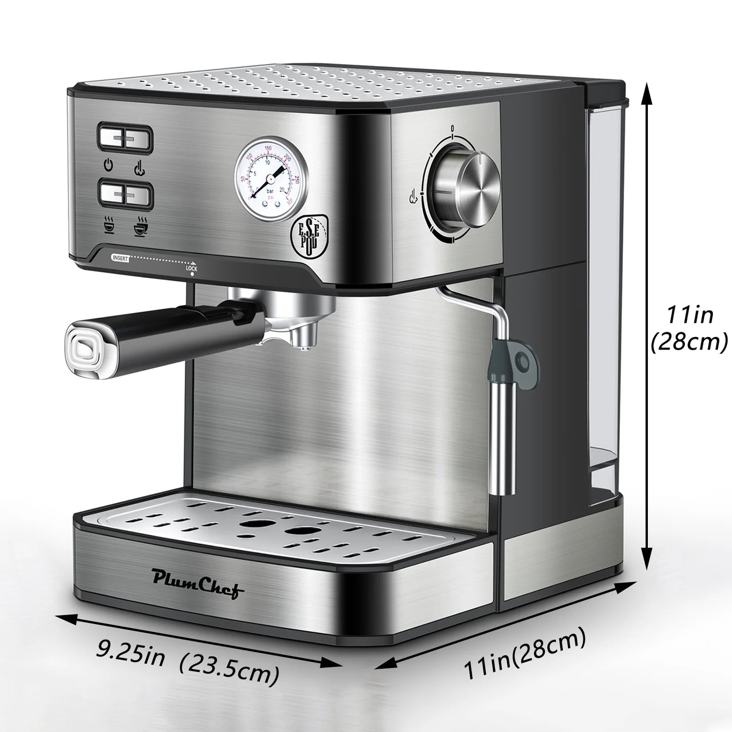 Plum Chef Espresso Coffee Machine, 20 Bar Cappuccino Latte Maker Coffee Machine with ESE POD Capsules Filter&Milk Frother, 1.6L Water Tank, for Home Barista, Stainless steel, 850W