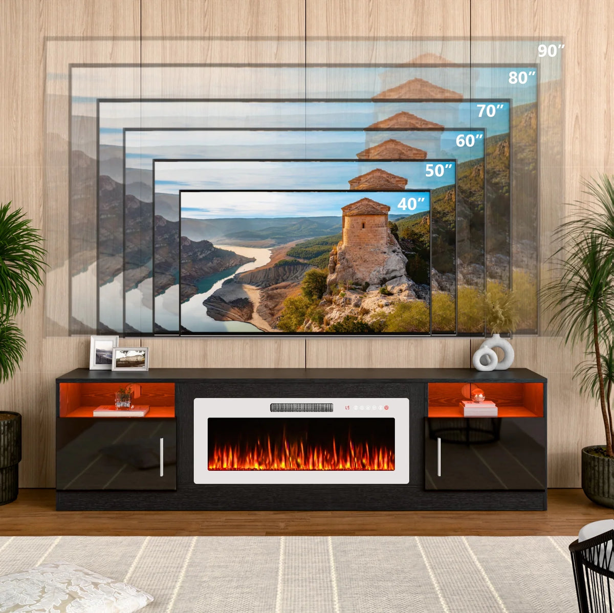 Waleaf Fireplace TV Stand with 36" Electric Fireplace Up to 80" TVs, Modern Wood Media TV Console with Highlight Cabinet, White