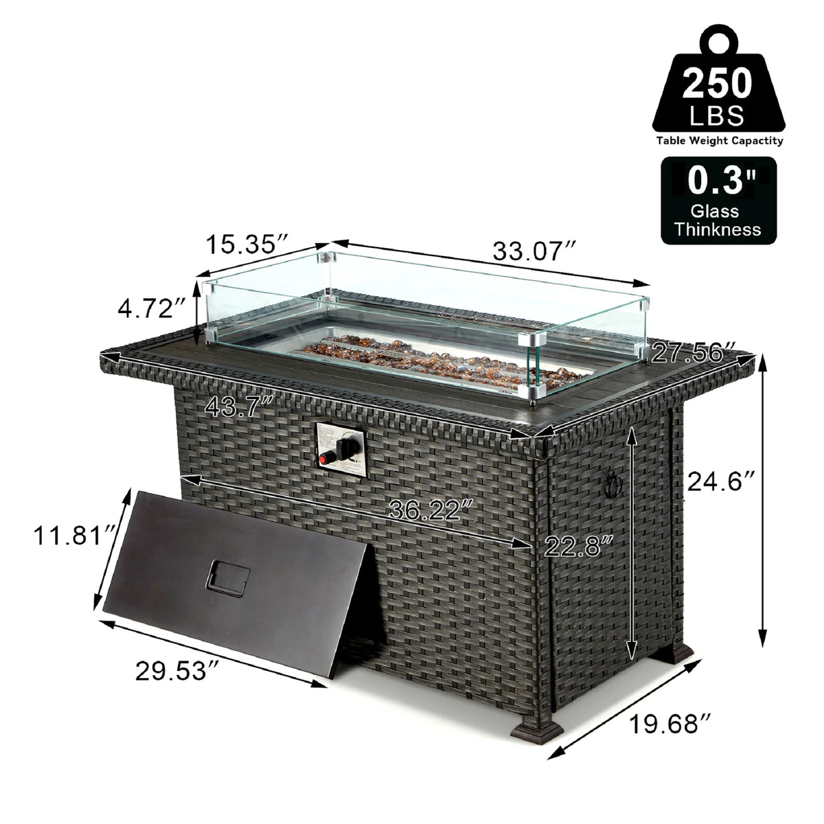 HOMREST Propane Fire Pit Table, 44 Inch 50,000 BTU Auto-Ignition Gas Fire Pit Table Rectangular /w Glass Wind Guard, Wood Plastic Composites Tabletop, CSA Certification Firepit for Outdoor Patio Lawn