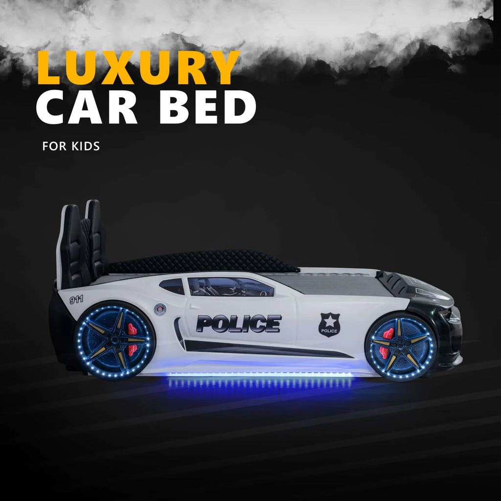 CHAMPION Twin Race Car Bed, LED Lights, Sound FX, Kids Bedroom Furniture, Children's Car Bed