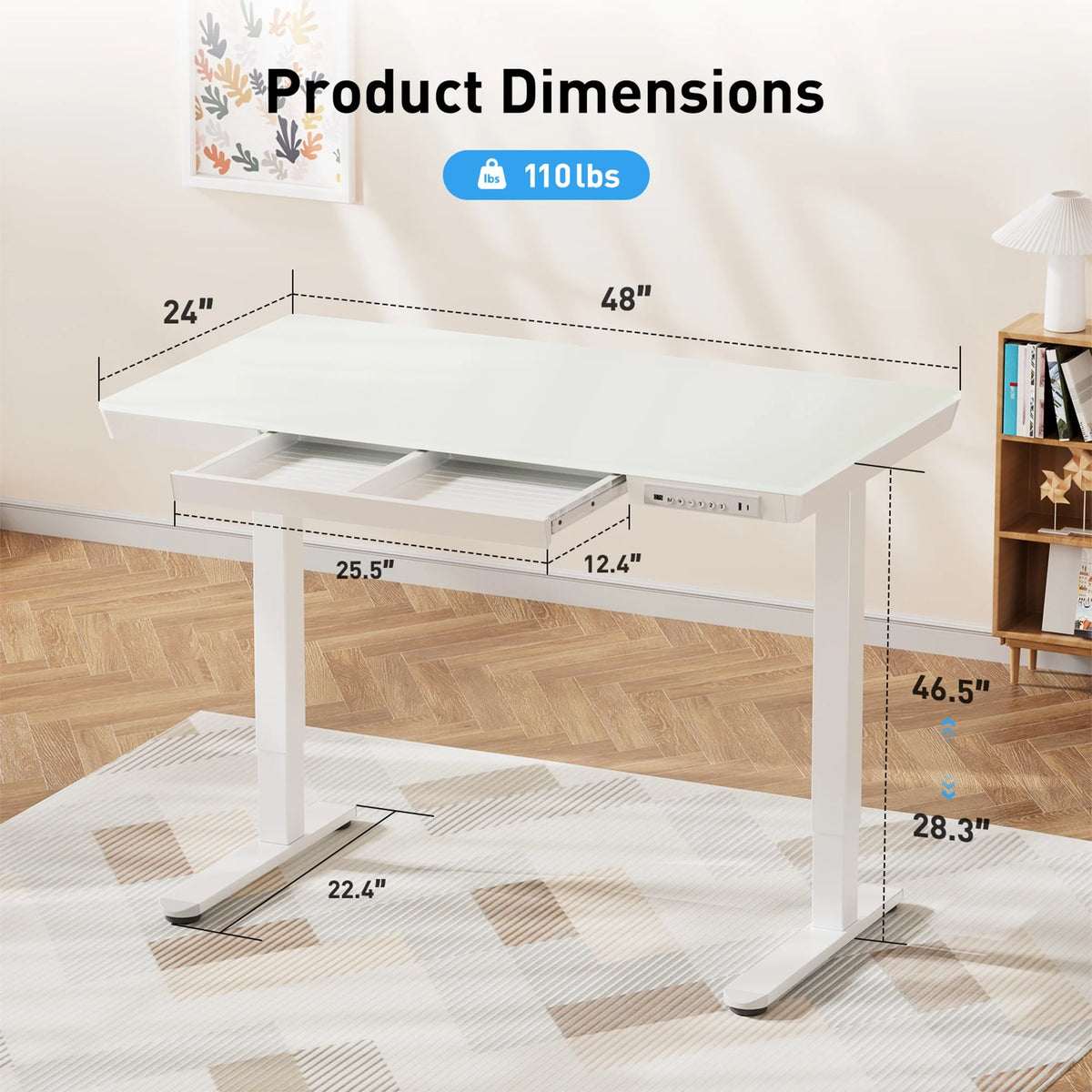 CHITOOMA Glass Top Electric Standing Desk with Drawer, 48'' x 24'' Electric Height Adjustable Desk with USB Charging Ports, Sit Stand up for Home Office