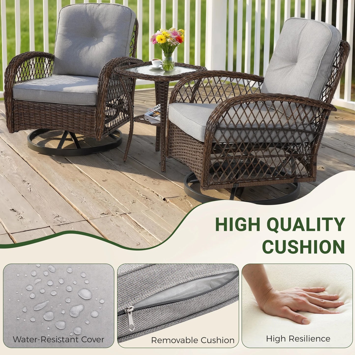 3 Piece Patio Swivel Rocker Chairs Set, 2 360-Degree Swivel Rocking Chairs with 1 Glass Top Table, PE Rattan Outdoor Bistro Set with Cushions for Balcony Deck Poolside Backyard Porch