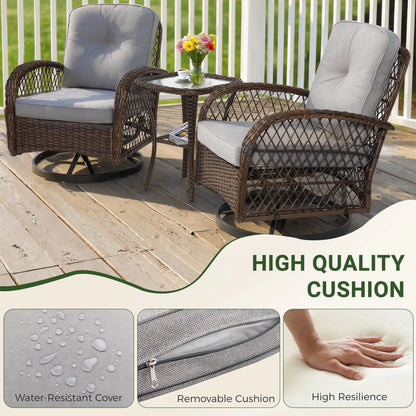 3 Piece Patio Swivel Rocker Chairs Set, 2 360-Degree Swivel Rocking Chairs with 1 Glass Top Table, PE Rattan Outdoor Bistro Set with Cushions for Balcony Deck Poolside Backyard Porch