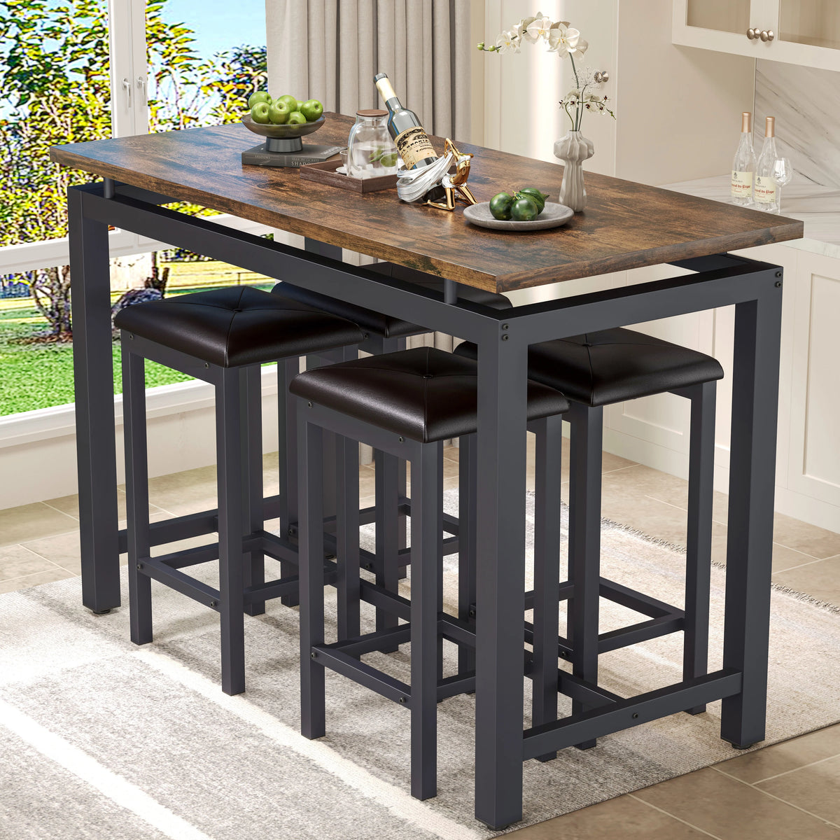 Counter Height Table Set of 5, Breakfast Bar Table and Stool Set, Minimalist Dining Table with Backless Stools, Wood Top Pub Table & Chair Set for Kitchen Apartment Bistro - Space Saving