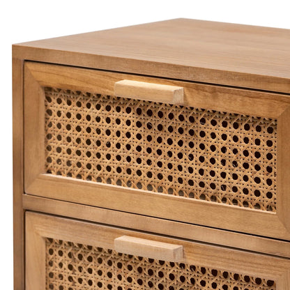 Baxton Studio Baden Mid-Century Modern Walnut Brown Finished Wood 2-Drawer Nightstand with Rattan,Wholesale Interiors