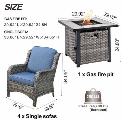 Ovios 6 Pieces Outdoor Furniture with CSA Fire Pit All Weather Wicker Patio Conversation Set with Single Chair for Porch