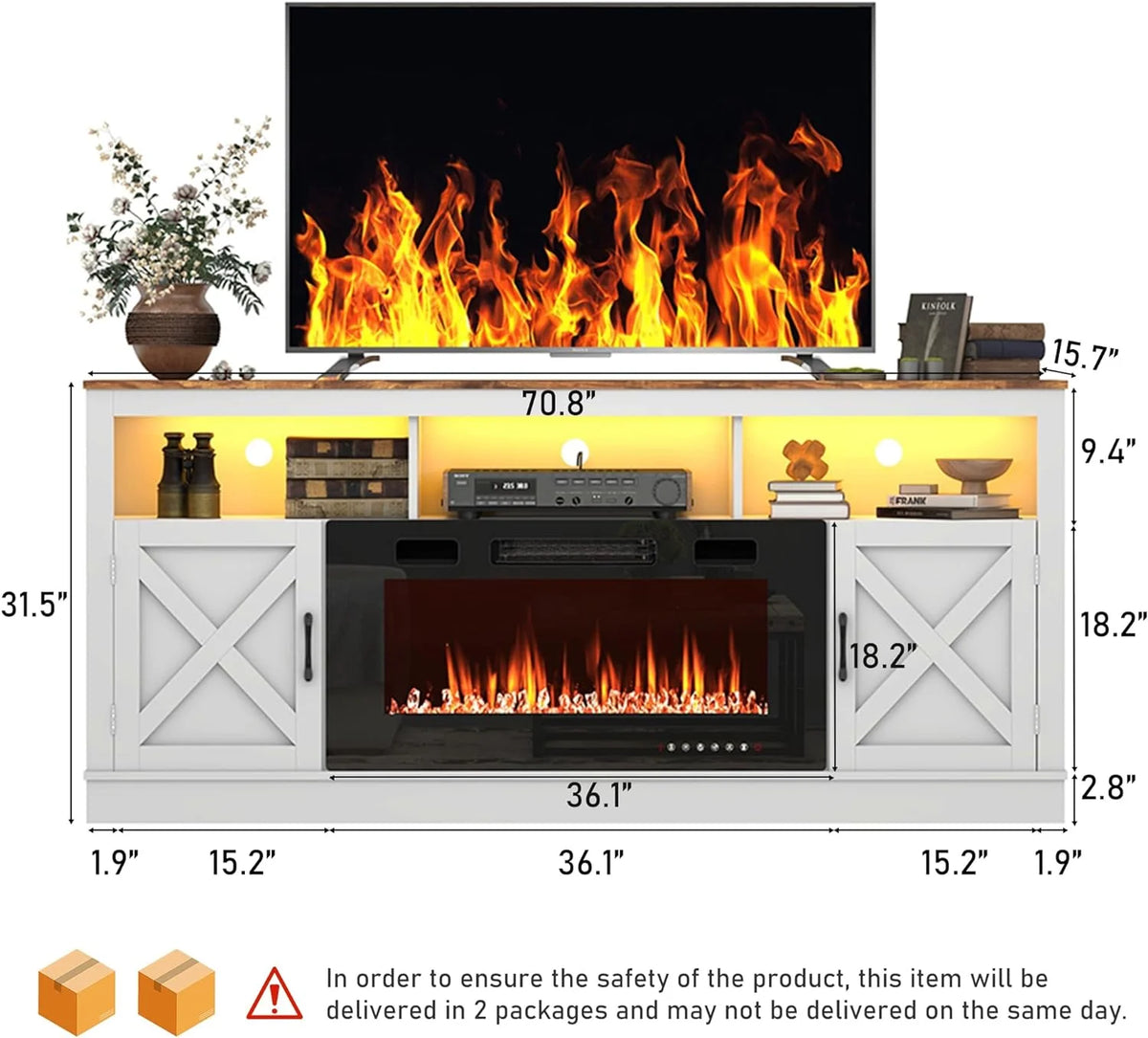 ChVans 70" Fireplace TV Stand for TVs up to 80" with 36" Electric Fireplace, Farmhouse Entertainment Center with LED, Wooden Media Console for Living Room, Bedroom