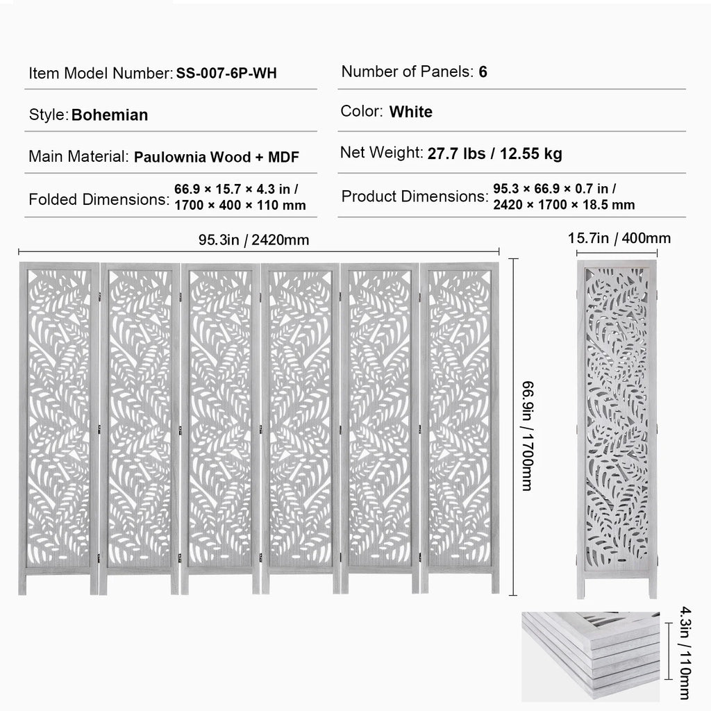 KFFKFF Wooden Space Separator, 6-Panel Foldable Privacy Barrier, 66.9 Inches High Indoor Engraved Partition Screen, Movable Decorative Panel, Ideal for Home, Office, Dining Area & Sleeping Quarters