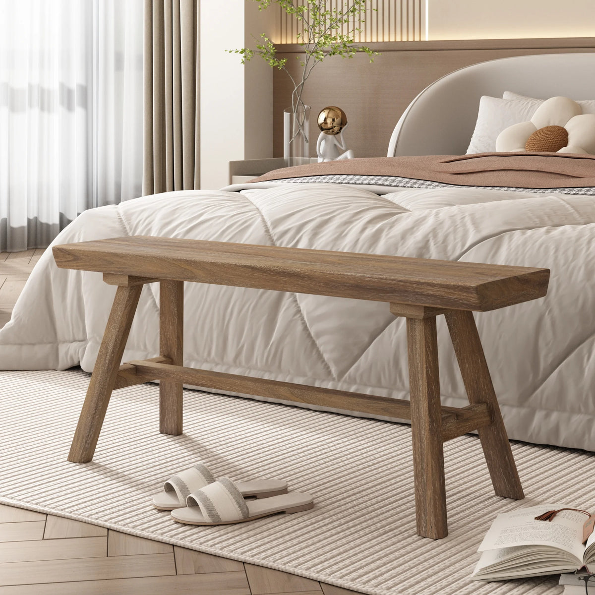 39" Solid Wood Bench, Rustic Farmhouse Wood Dining Room & Entryway Bench Seat for Indoors and Outdoors