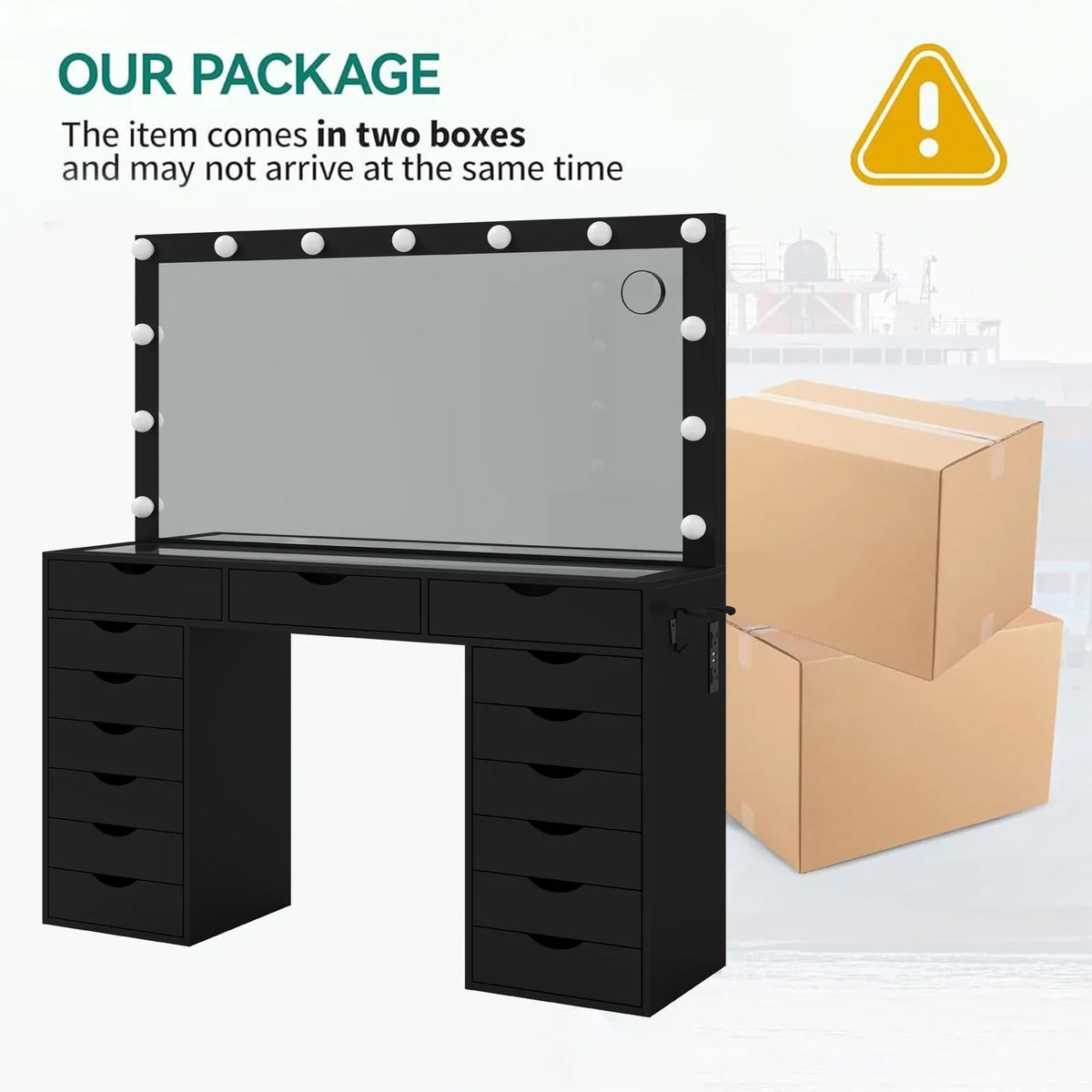Yanosaku 15 Drawers Vanity Desk with Power Outlet, Makeup Table with Mirror and 13 LED Lights, 3 Color Lighting Modes, Brightness Adjustable, Glass Top Dressing Table, Vanity Set for Bedroom