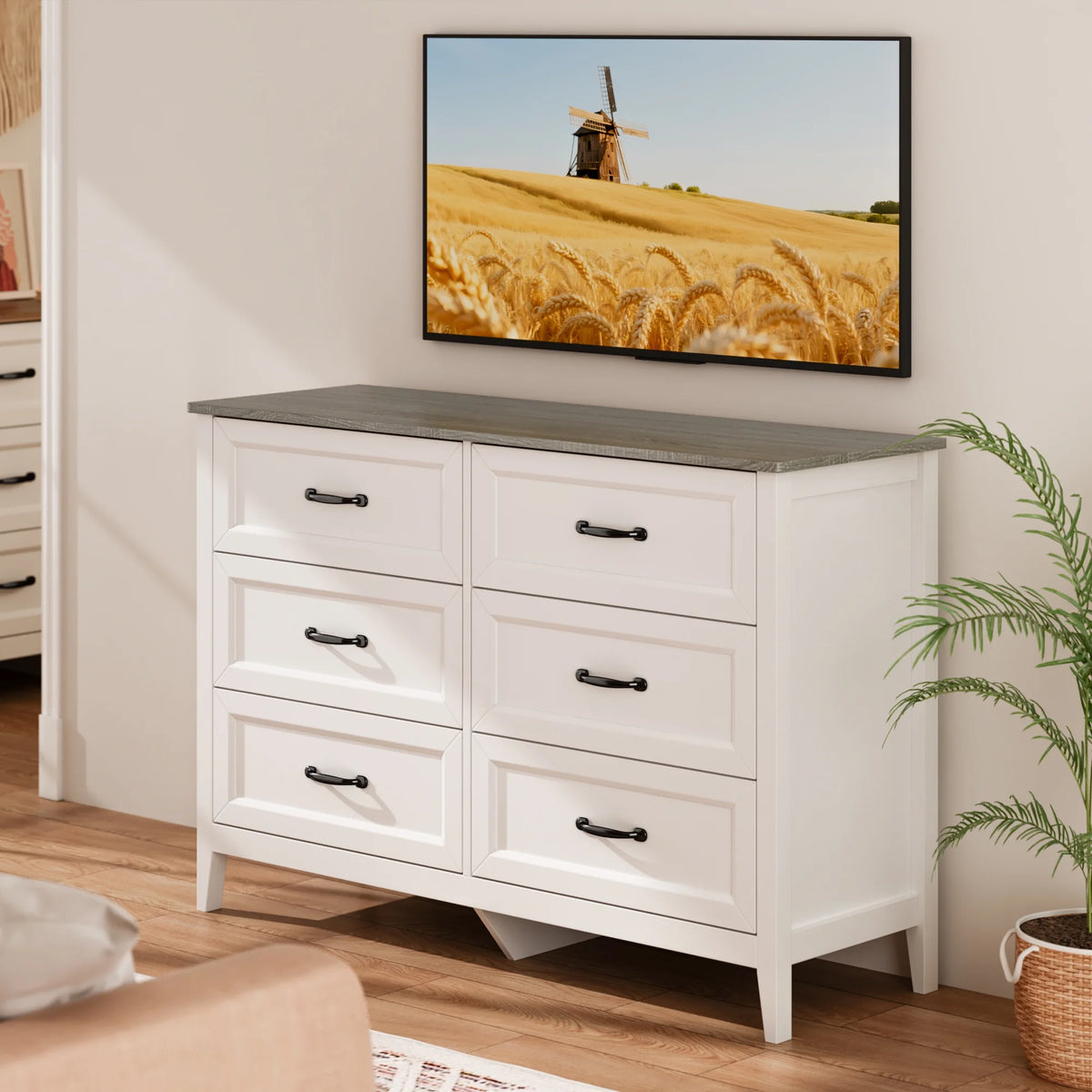 White Dresser, Lofka 6 Drawer Dresser for Bedroom, Chests of Drawers for Living Room, White?? Brown