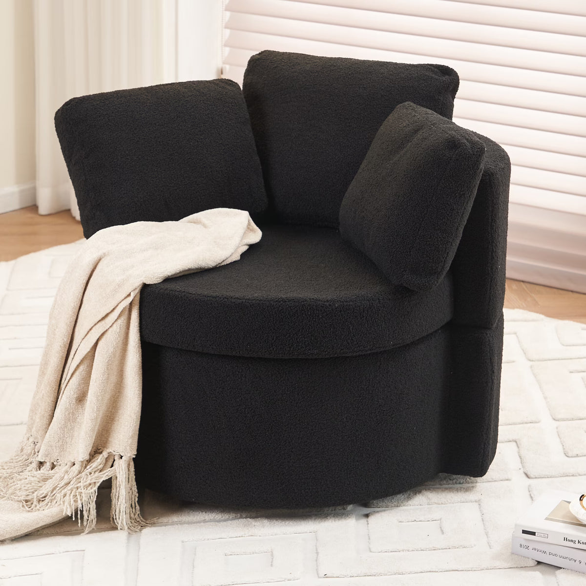 Swivel Barrel Chair, Teddy Round Swivel Accent Sofa Chairs with 3 Pillows and Storage, Modern 360 Degree Boucle Swivel Chairs for Living Room, Bedroom, Office (Dark Gray, Teddy)