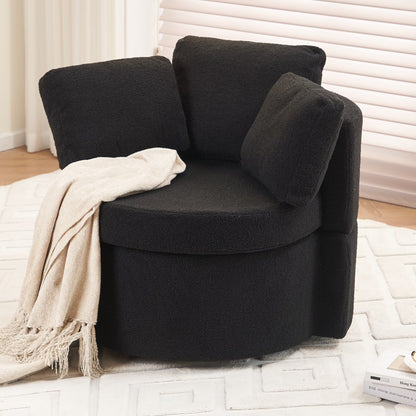 Swivel Barrel Chair, Teddy Round Swivel Accent Sofa Chairs with 3 Pillows and Storage, Modern 360 Degree Boucle Swivel Chairs for Living Room, Bedroom, Office (Dark Gray, Teddy)