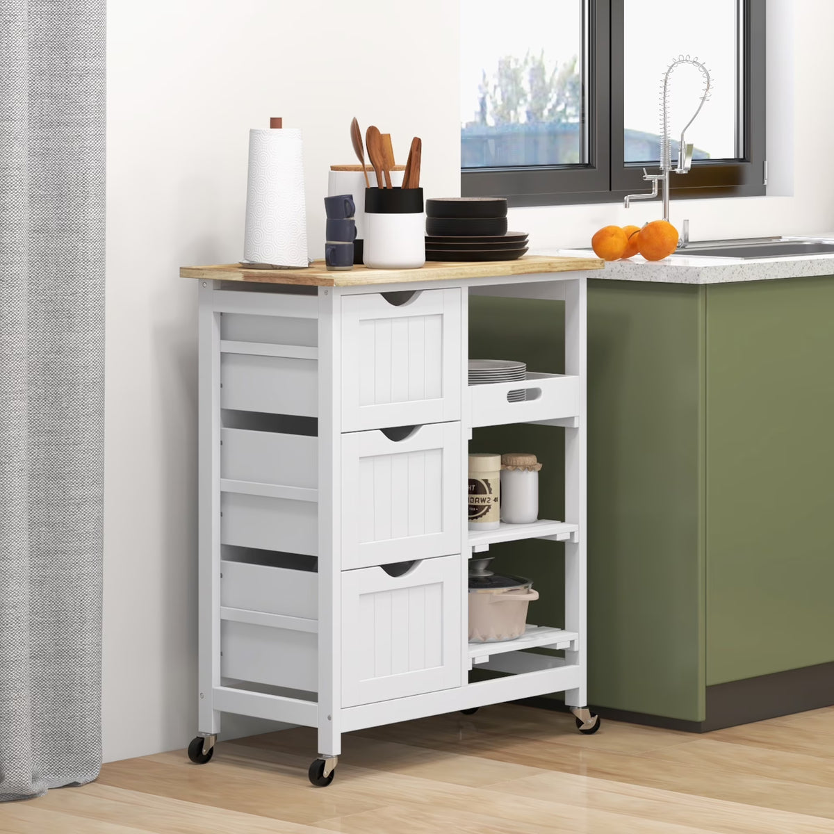 HOMCOM Rolling Kitchen Island Cart, Bar Serving Cart, Compact Trolley on Wheels with Wood Top, Shelves & Drawers for Home Dining Area, Grey