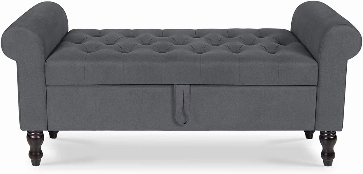 Storage Bench with Upholstered Rolled Arm Ottoman Bench Couch w/ Solid Wood Legs for Bedroom End of Bed,and Living room,Gray
