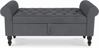 Storage Bench with Upholstered Rolled Arm Ottoman Bench Couch w/ Solid Wood Legs for Bedroom End of Bed,and Living room,Gray