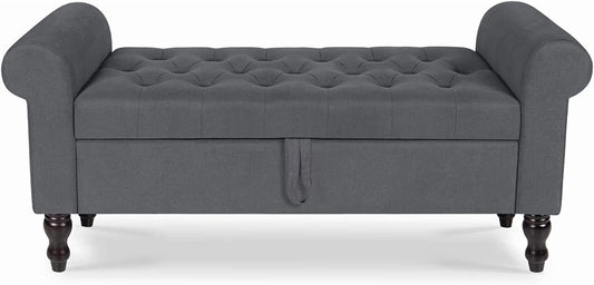 Storage Bench with Upholstered Rolled Arm Ottoman Bench Couch w/ Solid Wood Legs for Bedroom End of Bed,and Living room,Gray