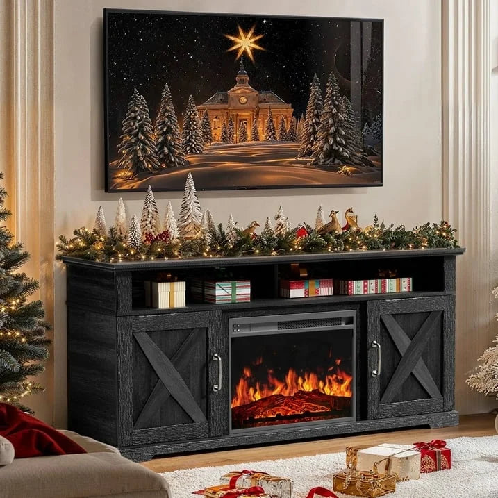 Electric Fireplace TV Stand for TVs up to 75", Farmhouse Entertainment Center with Fireplace, Grey