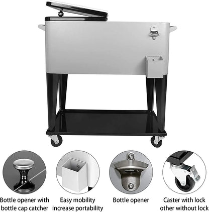 FreeLung 80QT Rolling Cooler Cart with Wheels Ice Chest Outdoor Backyard Coolers on Wheels Silver