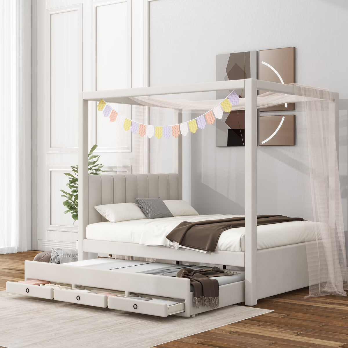 EUROCO Upholstered Full Size Canopy Bed Frame with Trundle Bed and 3 Drawers, Platform Bed with Headboard for Kids Teens Adults, Beige