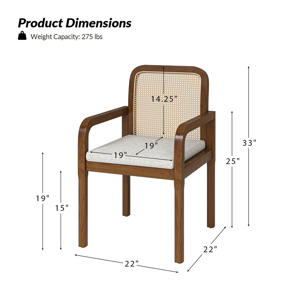 Rattan Dining Chairs Set of 2 Wooden Armchairs Removable Cushion Home Kitchen Restaurant Acorn