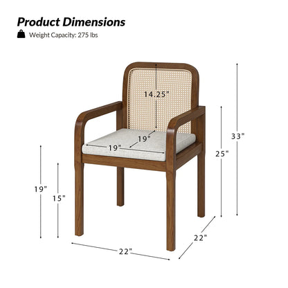 Rattan Dining Chairs Set of 2 Wooden Armchairs Removable Cushion Home Kitchen Restaurant Acorn