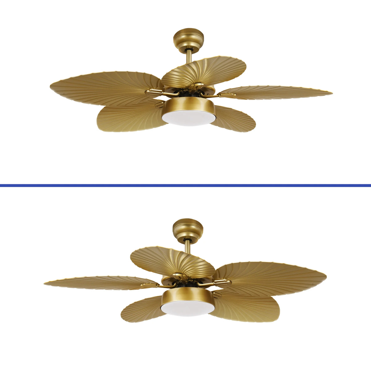 ModFusion 52" Gold Tropical Ceiling Fan with LED Light & Remote �C Palm Leaf Blades, Quiet Reversible DC Motor Indoor/Outdoor