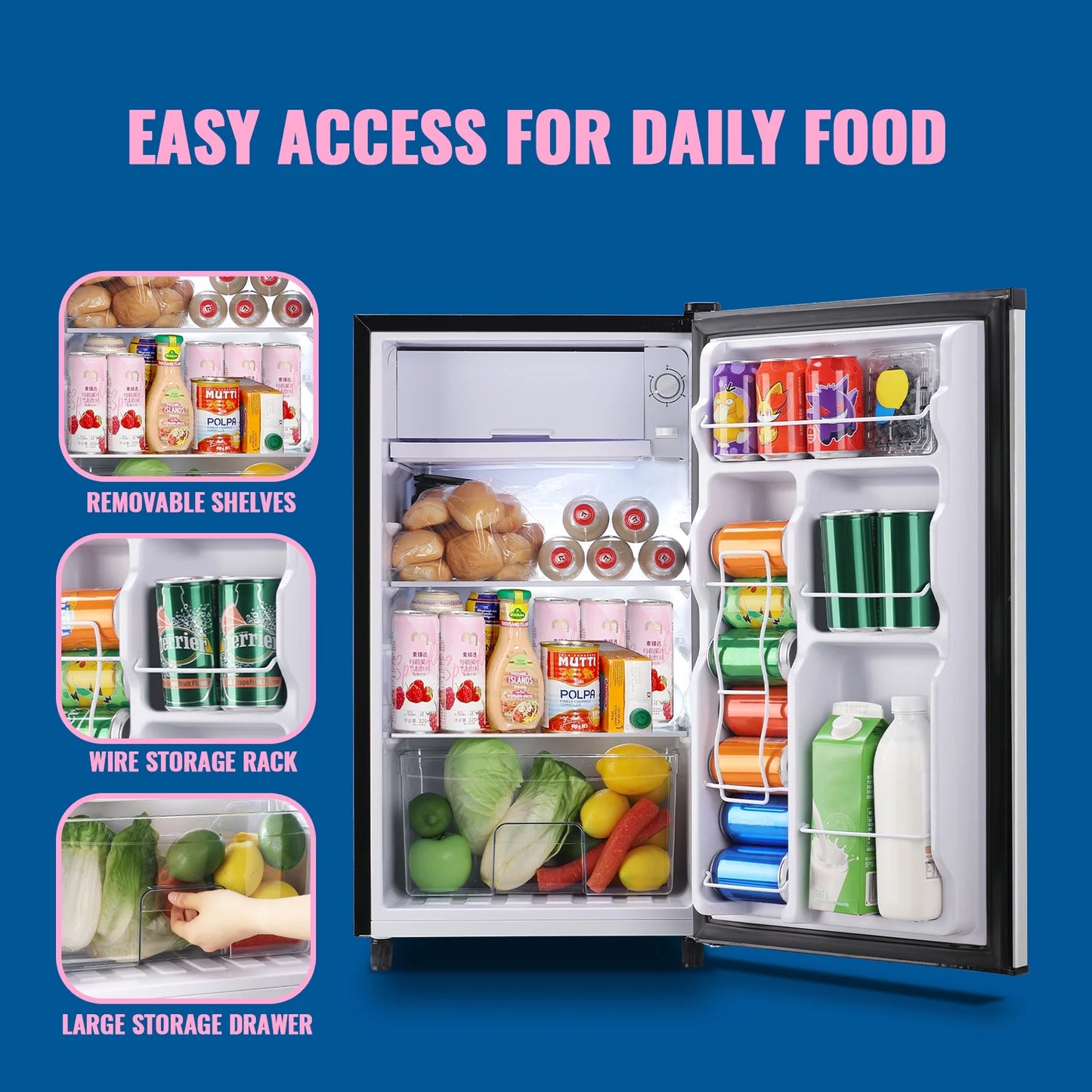 WANAI 3.2 Cu.ft Mini Refrigerator with 5 Temp Control Small Fridge Compact Size for Any Room Silver