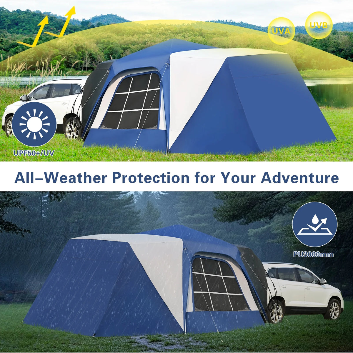 MOPHOTO SUV Tents for Camping 4 People, PU 3000mm Waterproof SUV Tent Attachment Tailgate Tent for Car Jeep Van, Spacious Space 8.2'L x 8.2'W x 7.2'H with 2 Awnings & Double Door
