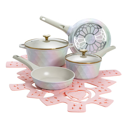 Paris Hilton 10-Piece Ceramic Nonstick Cast Aluminum Cookware Set, Clean Ceramic? Coating, Faceted Pink Design