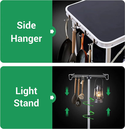 C Camping Kitchen Table, Folding Table, Upgrade Light Stand and Windshield Cooking Station & 3 Organizers, Carry Bag for Outdoor, Beach, BBQ, Picnic, Cooking, Indoor, Office