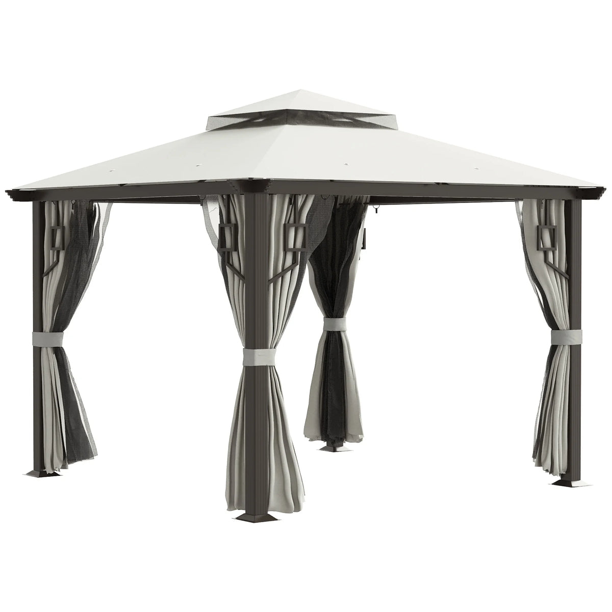 Outsunny 10' x 10' Patio Gazebo Outdoor Canopy Shelter with Aluminum Frame, Double Tier Roof, Netting and Curtains for Garden, Lawn, Cream White