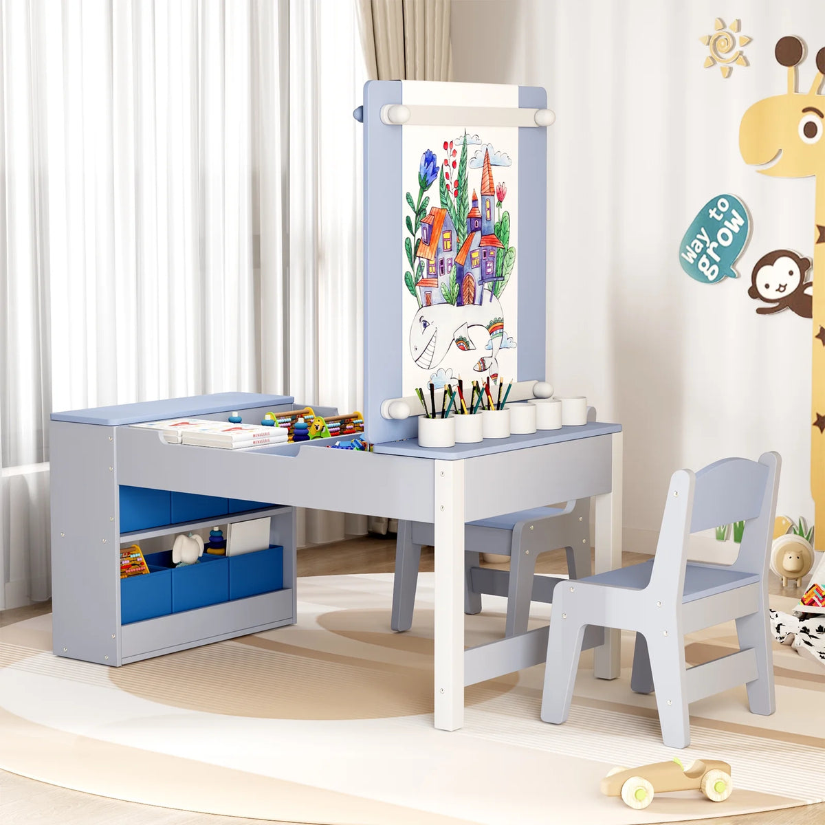 LAZY BUDDY Kids Art Table and 2 Chairs Set, 2 in 1 Easel & Toddler Craft Table and Chairs Set with Storage Bins, Paint Cups and Paper Roll, Activity Table Set for Children 3+