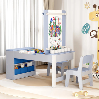 LAZY BUDDY Kids Art Table and 2 Chairs Set, 2 in 1 Easel & Toddler Craft Table and Chairs Set with Storage Bins, Paint Cups and Paper Roll, Activity Table Set for Children 3+